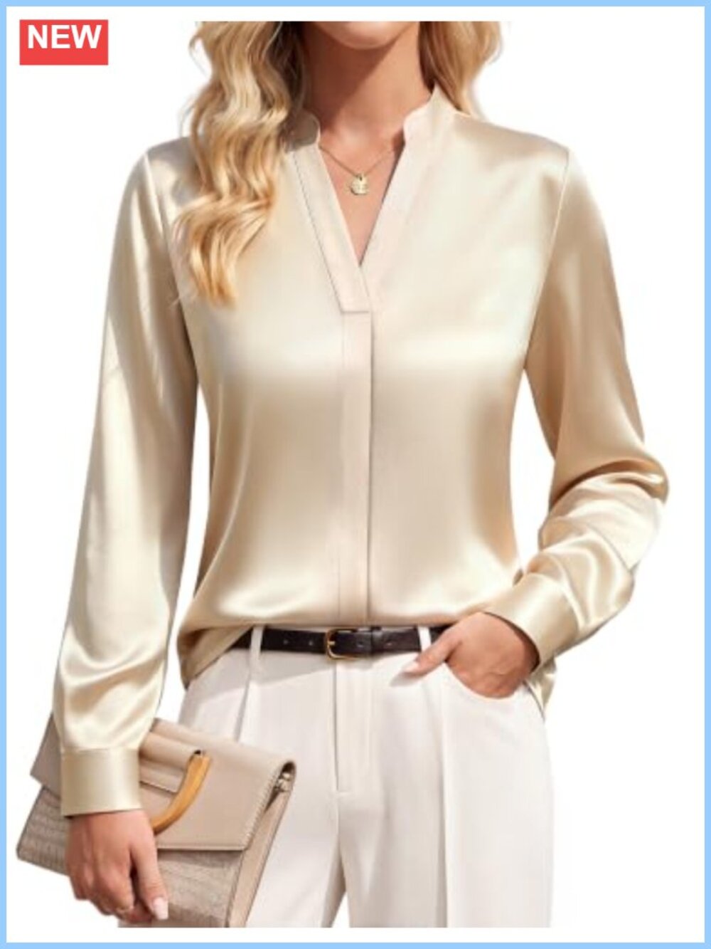 Satin Long Sleeve V-Neck Blouse Wrinkle Resistant Work Top